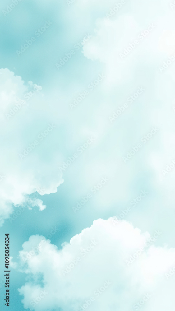 Fototapeta premium Soft focus watercolor background with blue green tones and white clouds , blue, ombre., cloud, stain