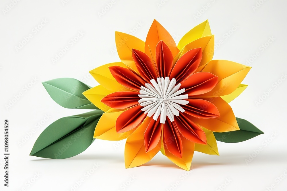 Fototapeta premium wildlife and nature holiday or change in season concept paper origami isolated on white background of a mulit colored floral wreath made with flowers, with copy space, simple starter craft for kids 