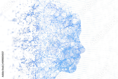 Fotografie Abstract blue digital human face formed by lines and dots, white background, holographic technology concept, virtual cyberspace