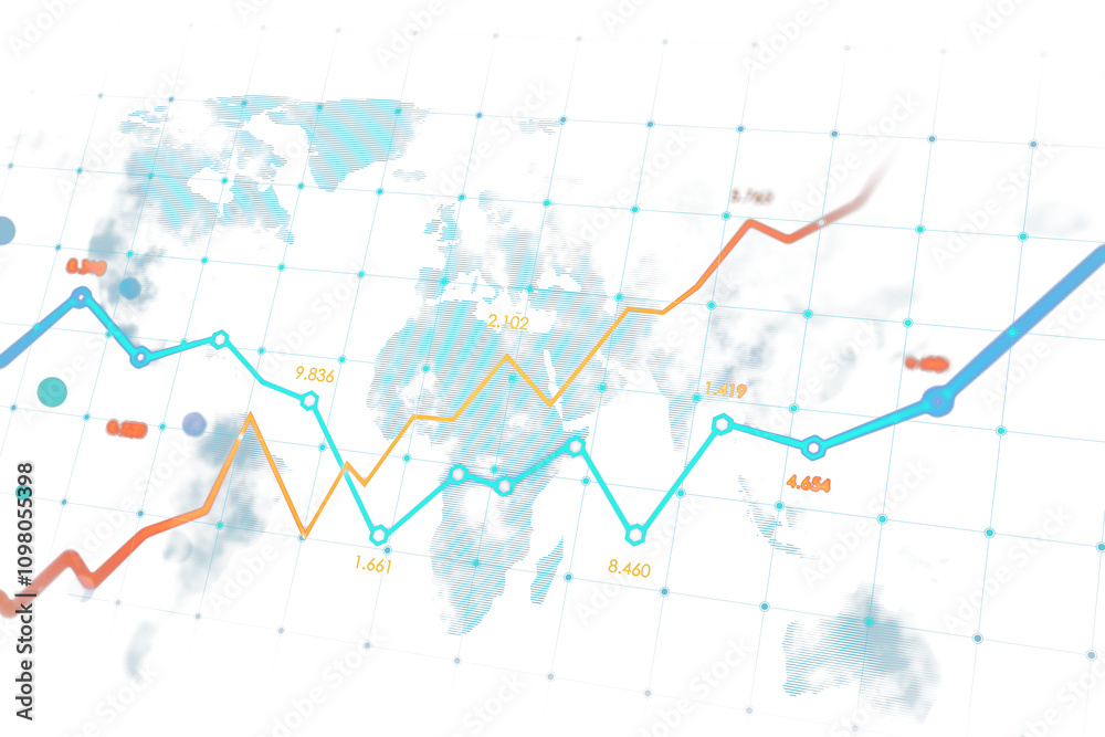 Obraz premium Abstract financial graph with orange and blue lines, global map elements, and data points. Modern digital design concept on white background. 3D Rendering.