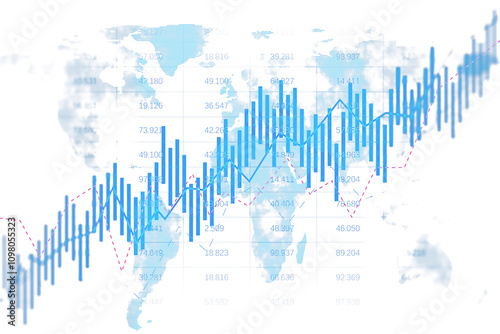 Financial chart with blue bars and pink trendlines over a global map, holographic style, white background. Concept of global finance. 3D Rendering. photo