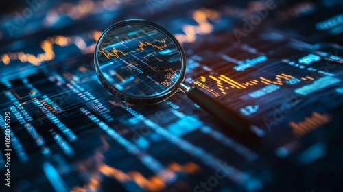 A magnifying glass over financial data with graphs and charts, AI Generative photo