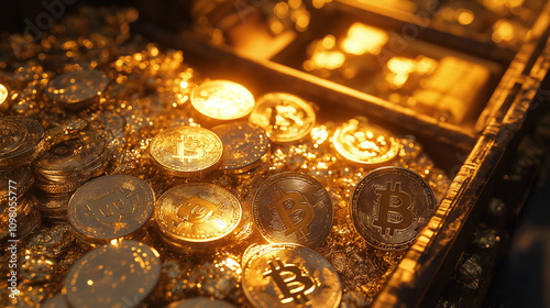 A magnificent treasure hoard, gleaming physical cryptocurrency coins mixed with golden bars, soft volumetric lighting casting dynamic shadows, ultra-detailed metallic textures, ray-traced reflections