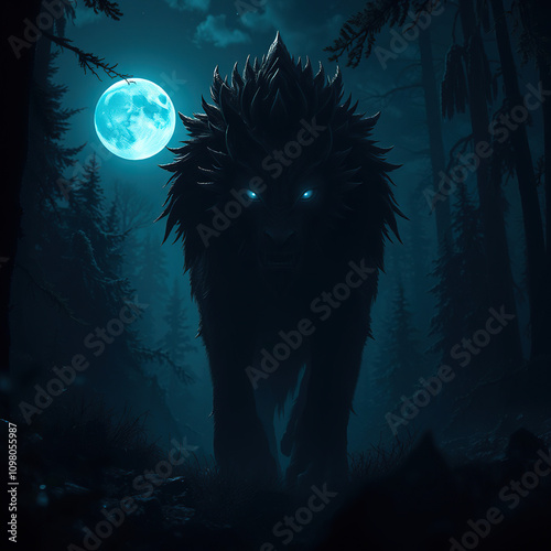 The silhouetted form of a wild creature emerges from the darkness of a forest clearing under the glow of a full moon, its eyes glowing with an unnatural light, eerie, werewolf, wild, forest clearing