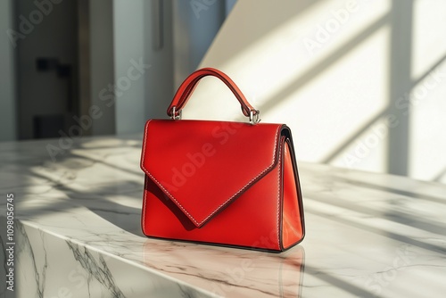 A stylish crossbody bag in a bold color, resting on a marble countertop, showcasing its elegant design and practicality.
