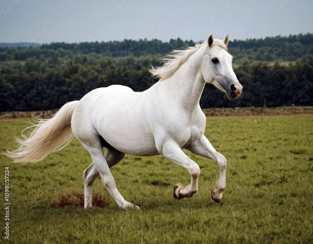 Fototapeta premium Beautiful white horse rapidly runs around the field.