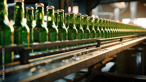 Production of brewing and bottling craft beer at a beer production plant. Conveyor with beer bottles.	
