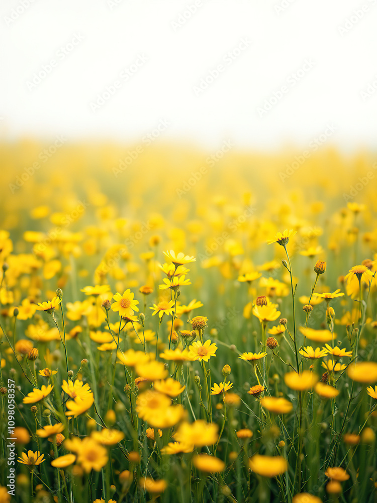 Obraz premium Watercolor painting of a peaceful yellow flower meadow, calm, picturesque, countryside, tranquil, serene
