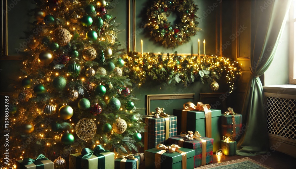 Christmas tree with green and gold ornaments illuminating presents in a classic green living room Christmas tree with green and gold ornaments illuminating presents in a classic green living room