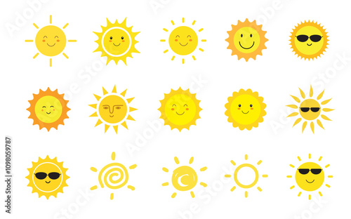 Sun smile icon set. Happy smiling sun. Cute sun. Sunshine emoji. Funny emotion. Vector illustration