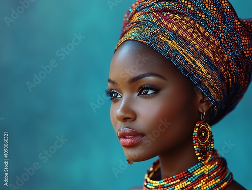 Captivating African Inspired Portrait of a Confident and Regal Woman with Vibrant Headwraps and Beaded Jewelry photo