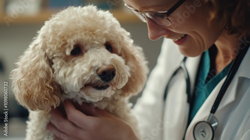 The vet gently pets the poodle after the examination, while the owner smiles, holding the doga??s leash. photo