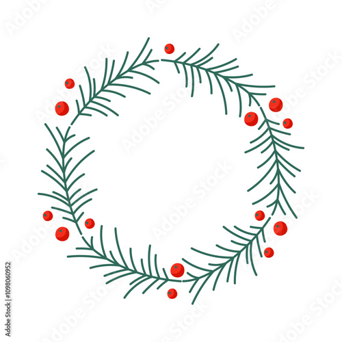 Simple festive wreath design featuring green pine branches and red berries for holiday decoration