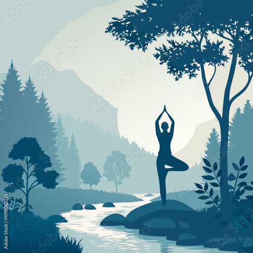 Silhouette of a person practicing yoga in tree pose by a peaceful river in a tranquil nature setting