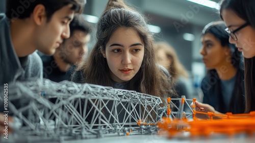 Engaged students collaborating on engineering project, examining intricate model designs, focused expressions on their faces, teamwork in action, innovative learning environment