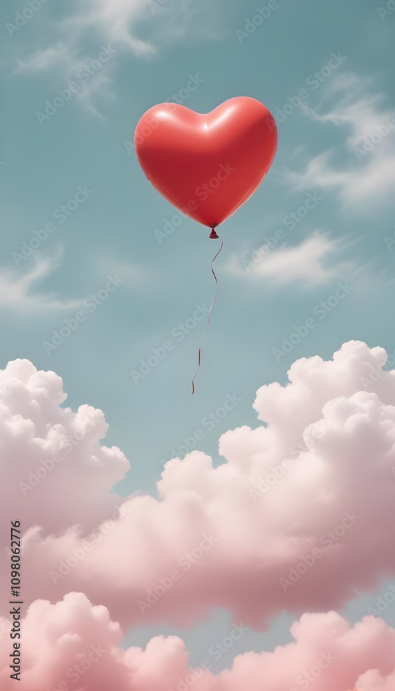 Fototapeta premium Dreamy Red Balloon Floating in Pastel Sky with Whimsical Cloud Magic