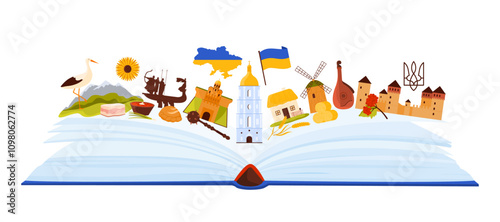 Travel to Ukraine, infographic sightseeing landmarks and tourist attractions in open book. Ukrainian vacation collage with ancient fortress and windmill, borsch and bandura cartoon vector illustration