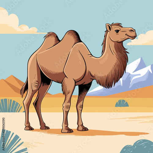 Camel standing in desert landscape with mountains and plants.