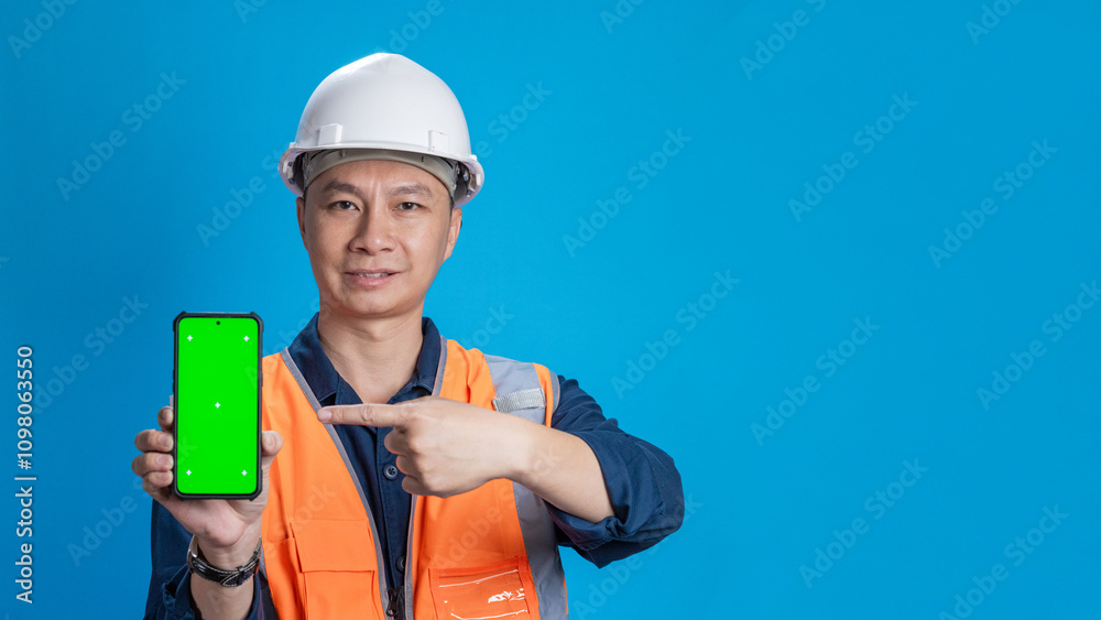 Confident young engineer wearing orange and a safety helmet stands holding a laptop, phone with various emotions. Confident young engineer wearing orange and a safety helmet stands holding a laptop, phone with various emotions.