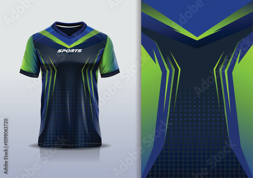 Sport jersey design template mockup sharp line for football soccer, running, esports, green blue color