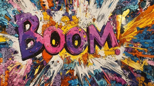 A striking purple 'BOOM!' in dynamic pop art style, surrounded by colorful visual elements that capture vibrancy, creativity, and stimulating energy. photo