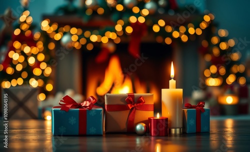 Cozy Christmas scene, fireplace, glowing candles, wrapped presents, warm lighting, bokeh lights, festive atmosphere, holiday decorations, teal background, golden glow, intimate setting, seasonal ambia photo