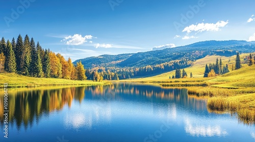 A tranquil lake reflecting a colorful autumn forest