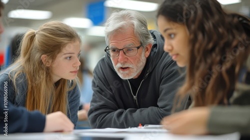 Engaging Mentor Discussing Ideas with Young Students in a Classroom Setting, Focused on Learning and Collaboration Dynamics