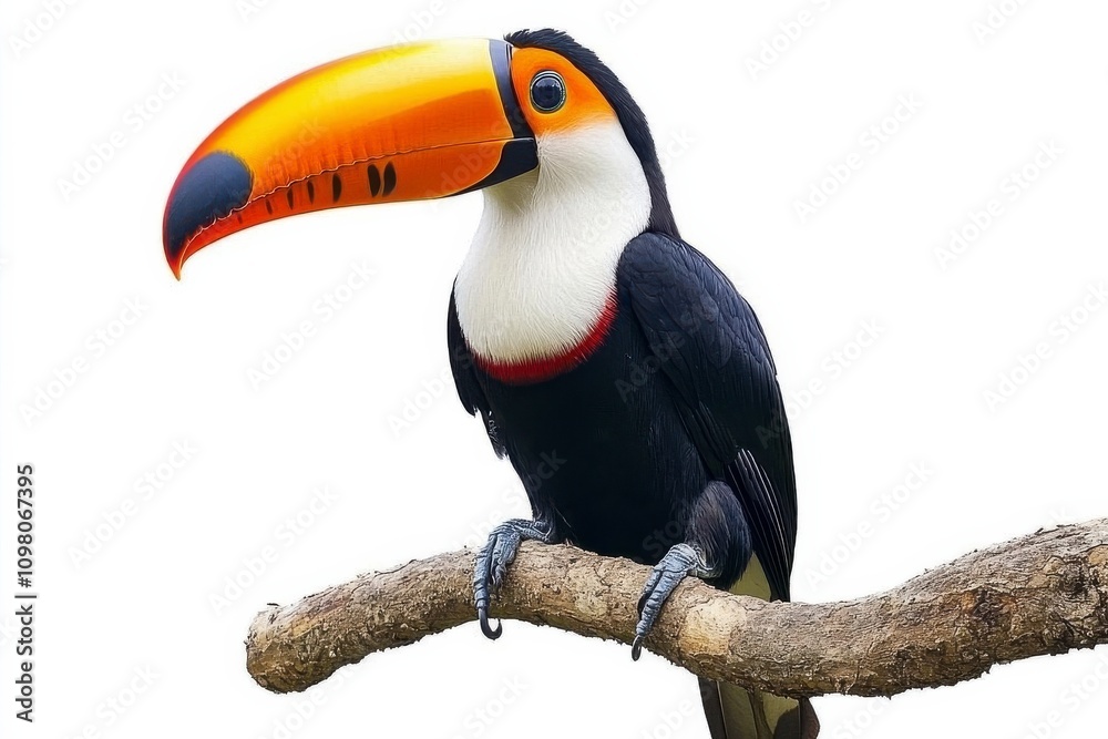Obraz premium Vibrant Colorful Toucan Perched on a Branch with Striking Beak Against White Background