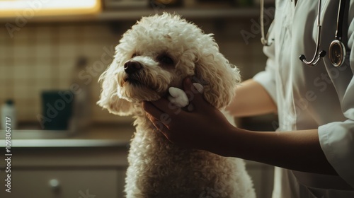 The veterinarian takes the poodlea??s temperature, with the owner gently holding the doga??s head to calm it photo