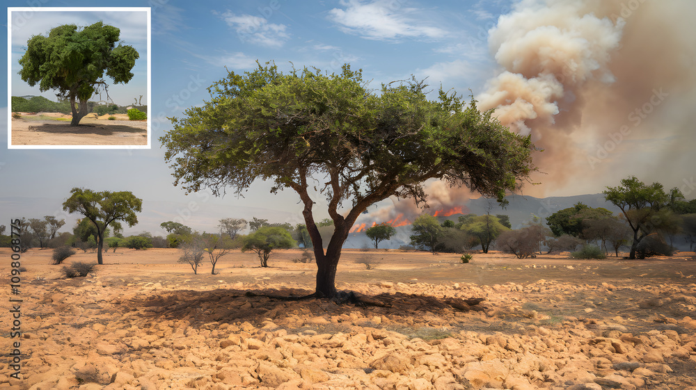 Fototapeta premium A solitary tree stands in a dry landscape, with smoke billowing in the background from a wildfire. The scene captures the stark contrast between the green foliage of the tree.