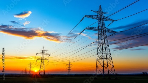 Sunset Silhouettes of High-Voltage Towers with Electric Lines, casting Shadows against a Blue Sky and Orange Clouds, Evoking the Power of Energy and Infrastructure