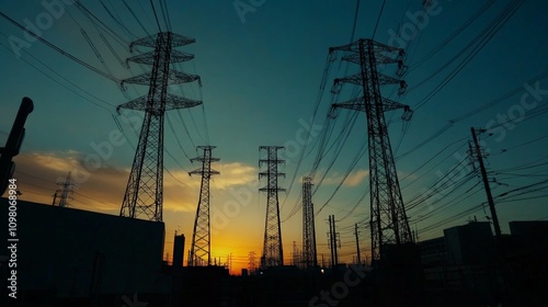 Epic Sunset over High-Voltage Towers, towering structures silhouetted against a vibrant orange and blue sky, casting long shadows, embodying the power and energy of the grid. photo