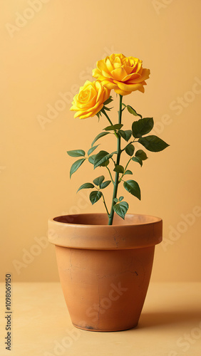 Fresh yellow rose plant in a classic terracotta pot against a soft beige backdrop, terracotta, timeless, time-honored