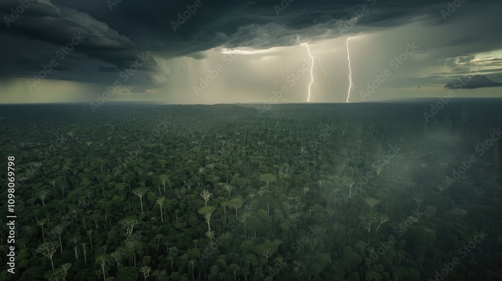 Fototapeta premium Dramatic Lightning Strikes Over Lush Green Rainforest Landscape