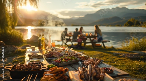 Outdoor Barbecue Party by the Lake During Golden Hour Sunset