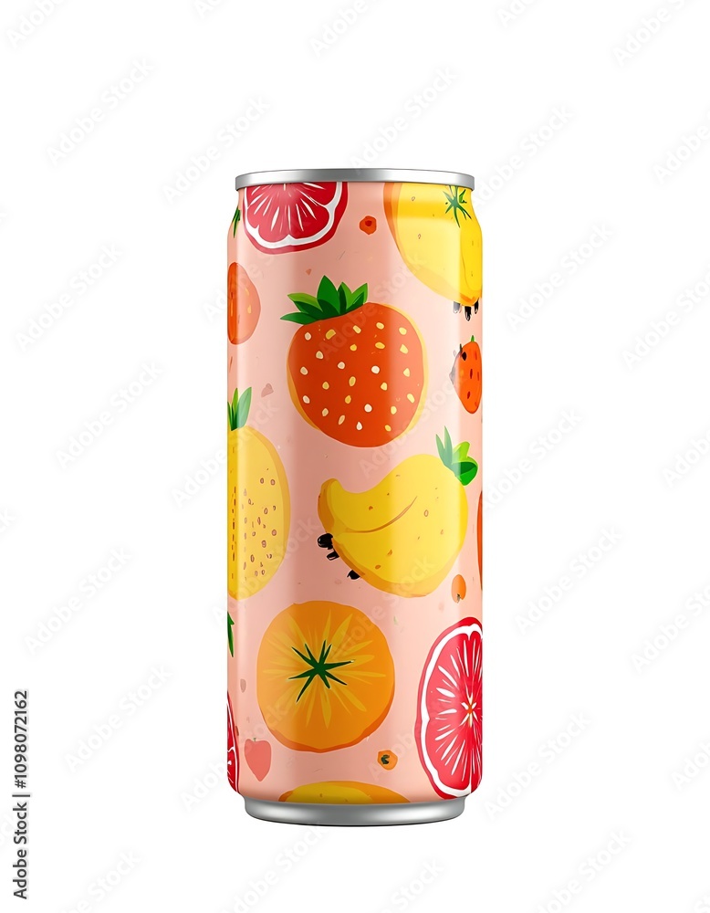 Obraz premium Fruit drink can in various fruits pattern isolated on white background, product packaging mockup design