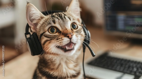 Cute cat wearing headset enjoys cheerful computer time in cozy home office