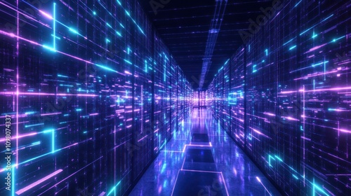 Futuristic corridor with vibrant neon lights representing digital data flow.