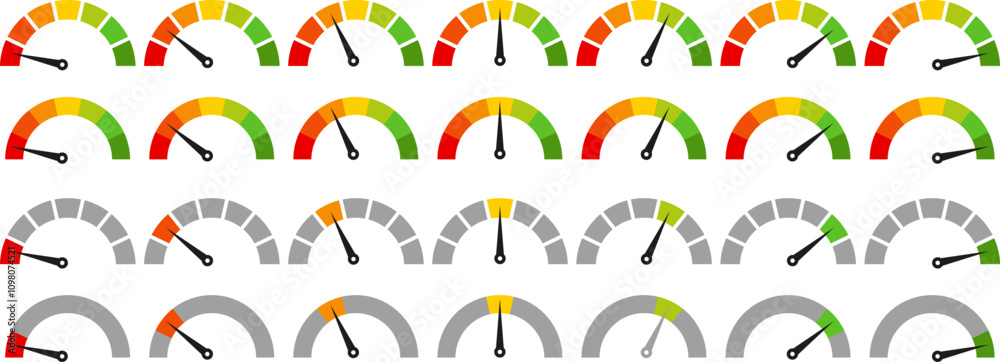 Fototapeta premium Speedometer, gauge meter icon set. Speed dial indicator. high barometers, dashboard with arrows 