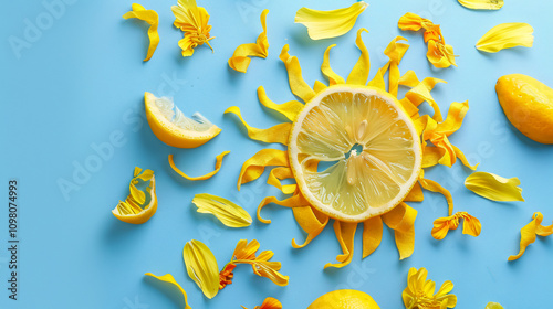 Sun made of lemon and yellow flower petals on a bright blue background. Fruit summer minimal concept.