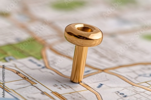 A brass pin on top of an old map with a shape and texture resembling that of Google Maps pins. The brass pin is centered in the frame and has a round hole at its center point for a badge