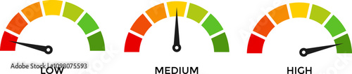 speedometer color icon set. Low, medium, high speedometer sign. Rating Speed Meter


