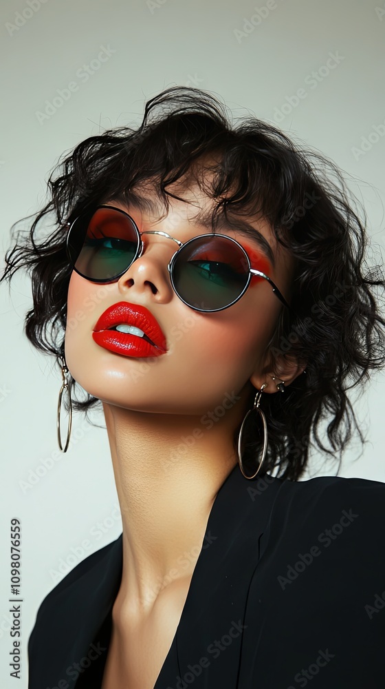 Obraz premium Fashion Portrait of a Woman with Red Lipstick and Round Sunglasses