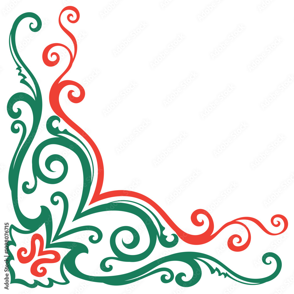 Fototapeta premium Vintage Christmas Corner Green and red on a white background