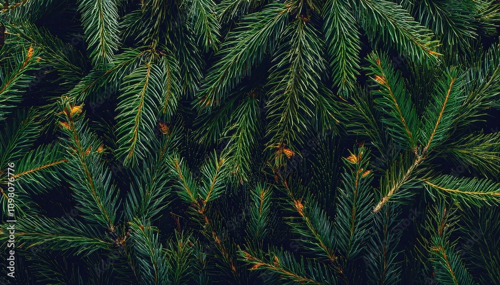 Obraz premium Close-up of lush evergreen fir tree branches with vibrant green needles, perfect for Christmas, holiday decorations, natural winter backgrounds, or seasonal eco friendly festive designs
