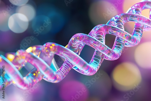 A close-up of the DNA double helix, with vibrant colors representing different parts of its structure. The background is dark and blurred photo