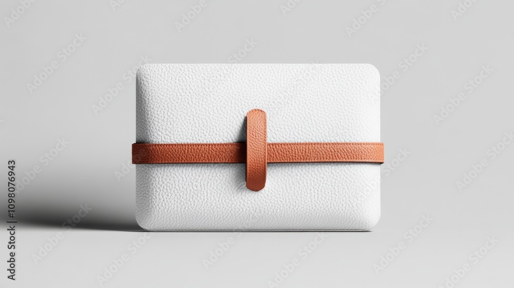 Obraz premium Minimalist white leather case with brown strap displayed on a light gray background