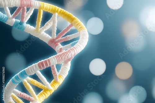 A close-up of the DNA double helix, with vibrant colors representing different parts of its structure. The background is dark and blurred photo