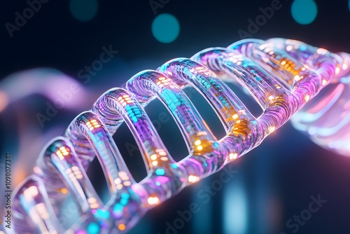 A close-up of the DNA double helix, with vibrant colors representing different parts of its structure. The background is dark and blurred photo